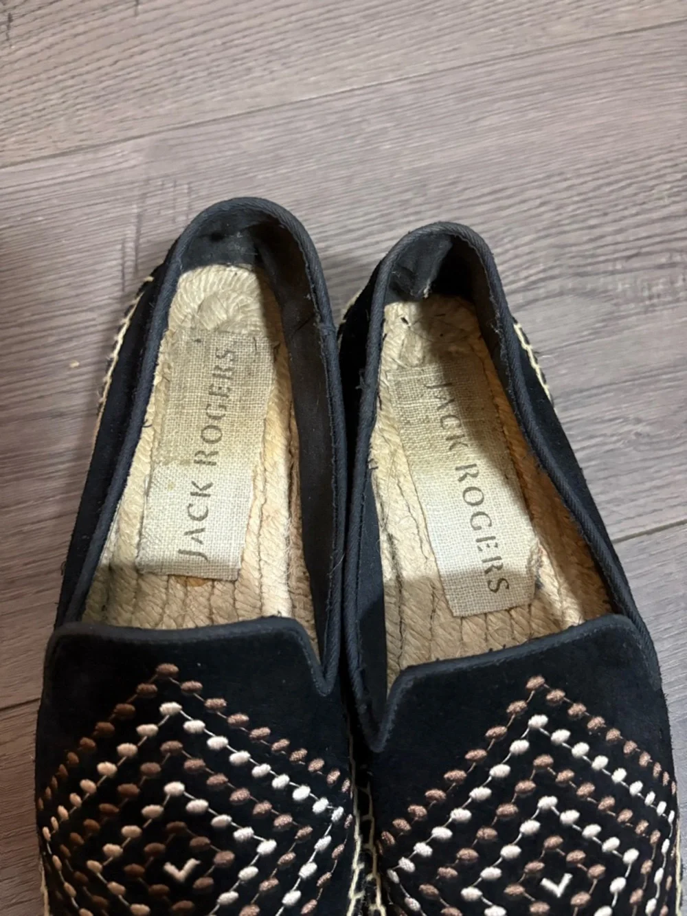 Jack Rogers Black Embroidered Luna Suede Espadrille Loafers Preppy Boho Vacation